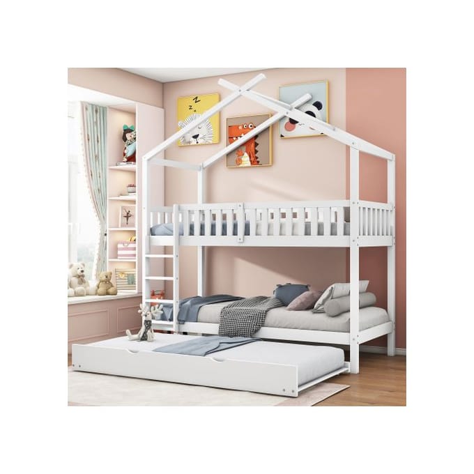 Lit superposé - MUVOE - trois lits - 90x200 cm - transformable en 3 lits - pin massif blanc