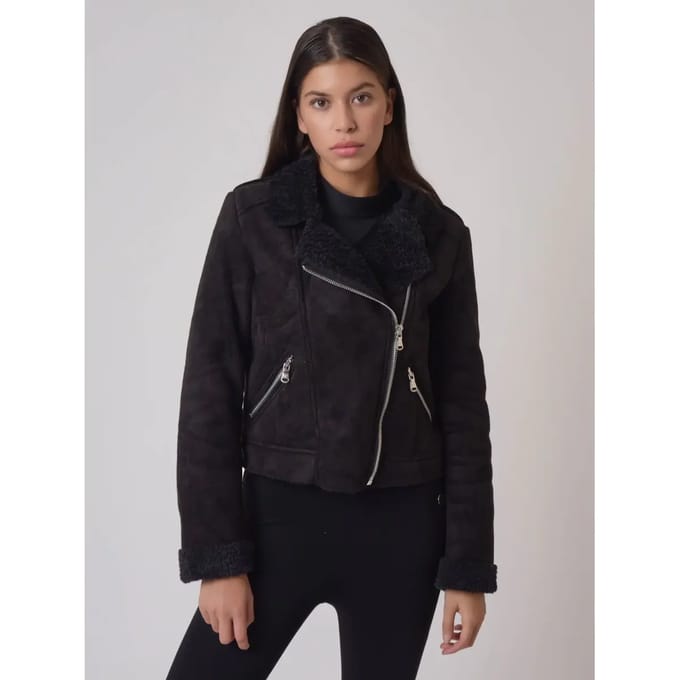 Suede perfecto jasje met imitatie schapenvacht voering Project X Paris