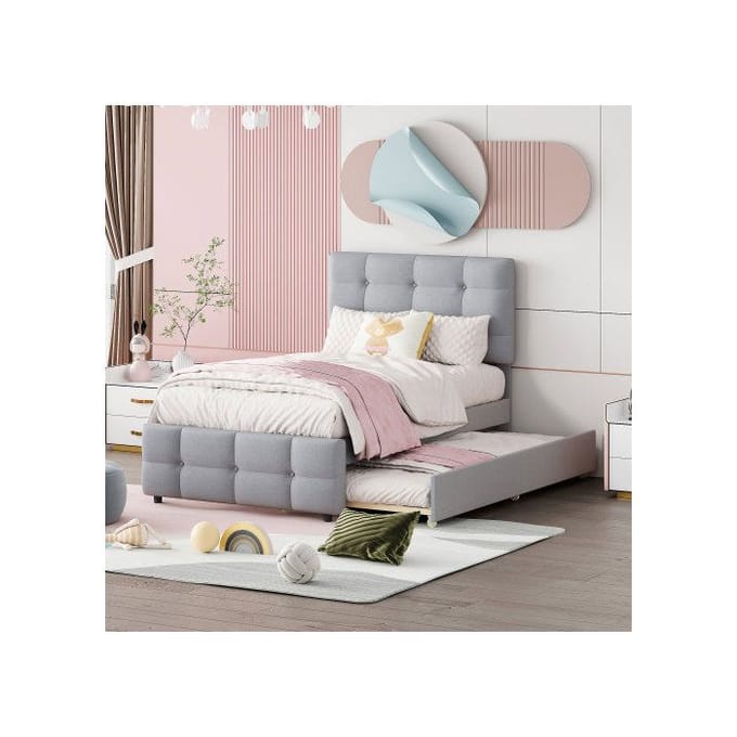 Lit rembourré - MUVOE - 90 x 200 cm - Extensible - Tête de lit réglable - Gris gris