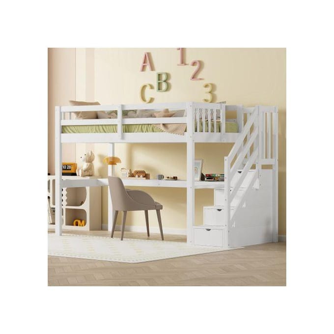 Verhoogd bed - MUVOE - 90 x 200 cm - Wit - Met lades - Geïntegreerd bureau wit
