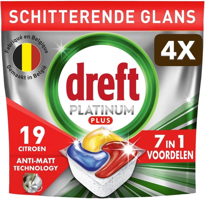 4 x Dreft Vaatwastabletten Platinum Plus All In One Citroen - 19 stuks