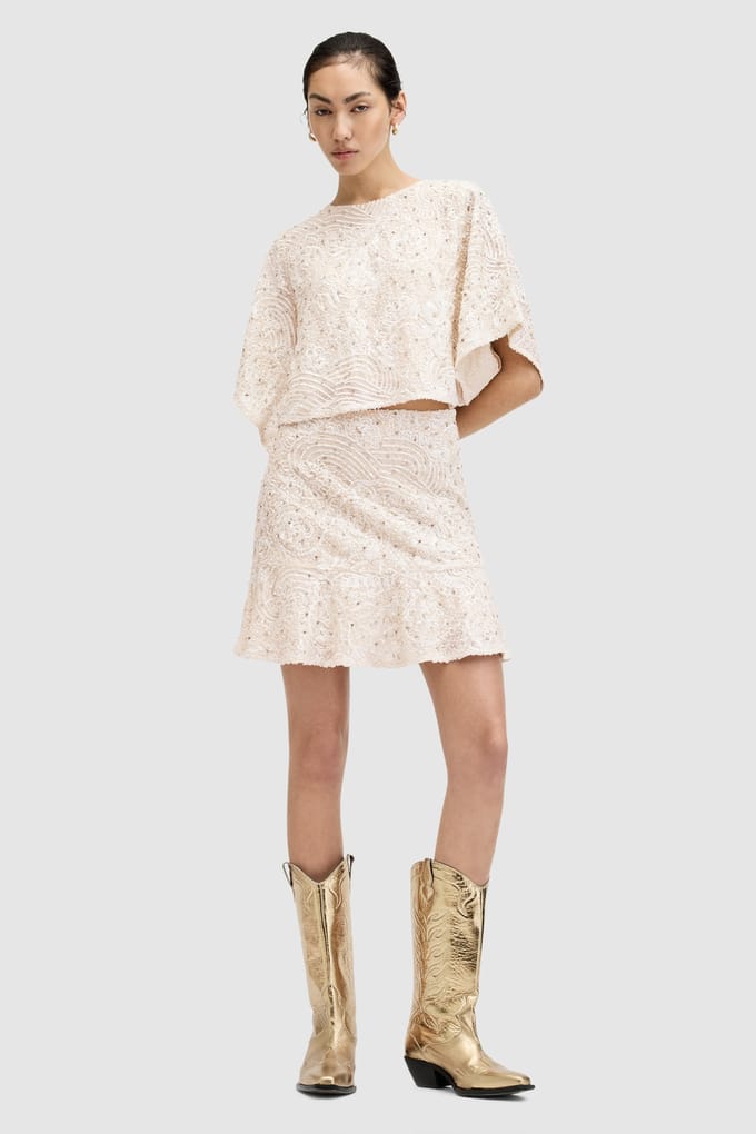 AllSaints Ivy Emb Skirt Ecru White Größe: 2 | Miniröcke Outlet | Damen | Braun
