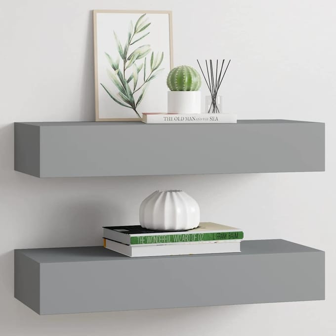 vidaXL - viaXL - Wandschappen - 2 - st - met - lade - 60x23,5x10 - cm - MDF - grijs