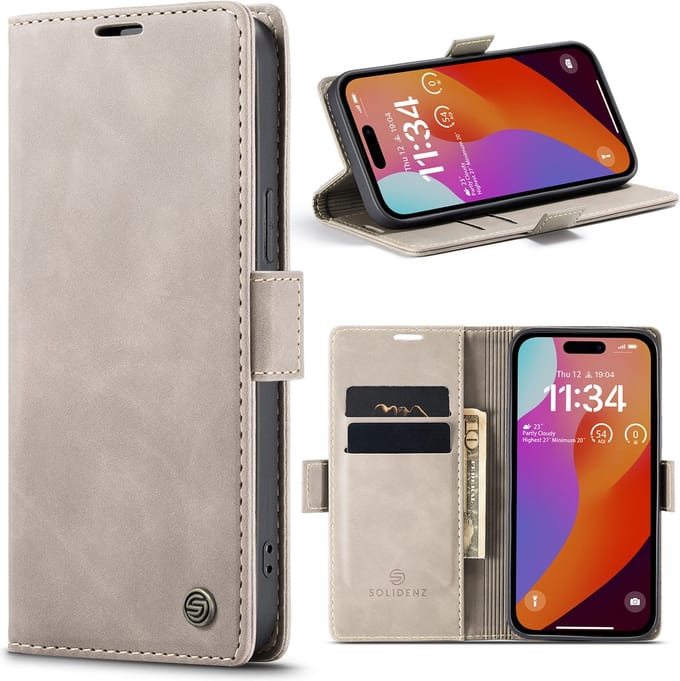 Solidenz Hoesje geschikt voor iPhone 15 Pro Max - Bookcase met pasjeshouder - Kaarthouder telefoonhoesje - Beige