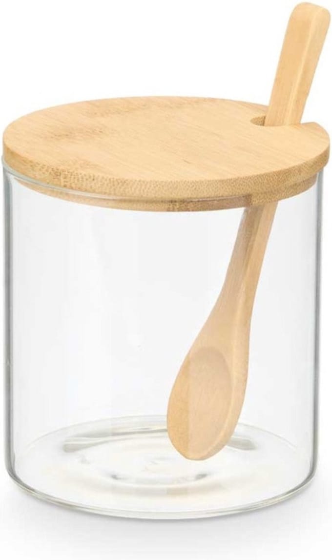 Vivalto Suikerpot Bamboo - glas/bamboe - transparant - 12 cm - dispenser met lepel