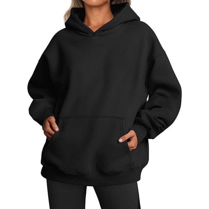 Dames hooded pullover sweatshirt effen kleur oversized losse casual fleece sweatshirt L zwart