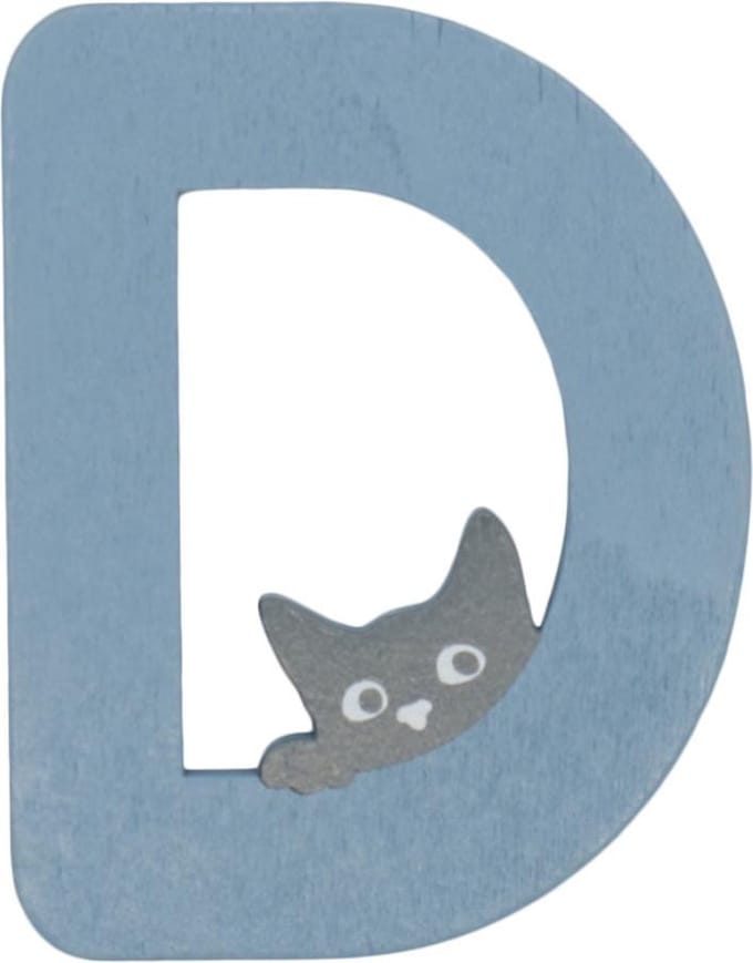 Houten Letter D Blauw met Kat | 9 cm