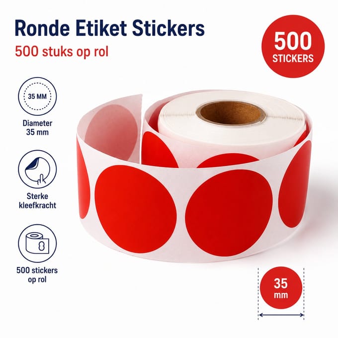 500 Etiketten Rond Rood Stickers 35 mm op Rol - Label Blanco Stickers Gekleurd Sluitzegel - Dappaz