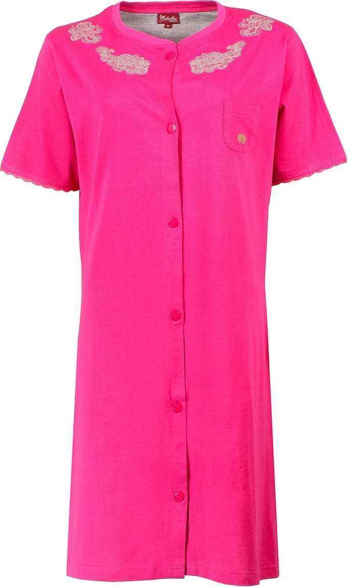 Medaillon Dames Nachthemd - 100% Katoen - Doorknoop - Roze - Maat L