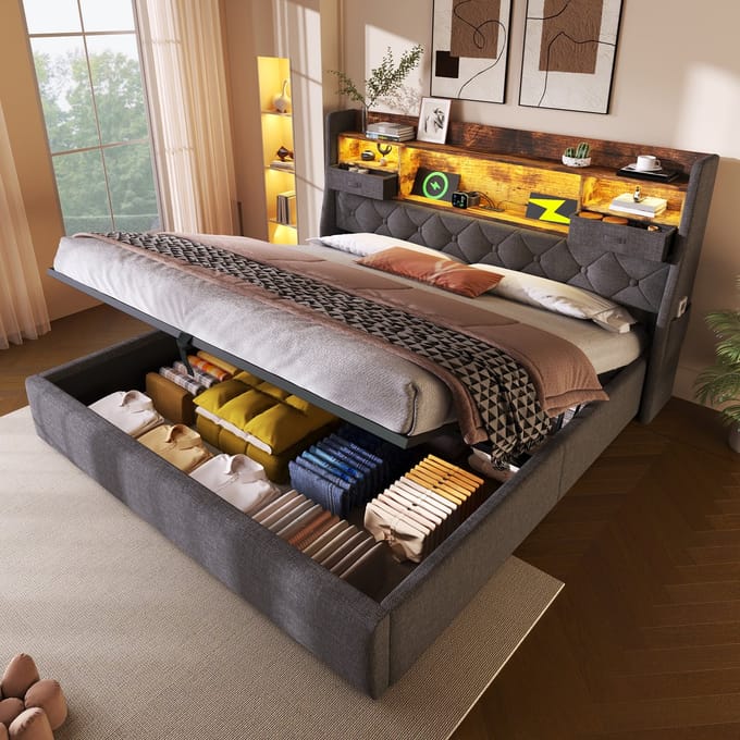 MODFU Bedframe – 180x200 cm – Gestoffeerd linnen – Met opbergruimte & LED – Grijs
