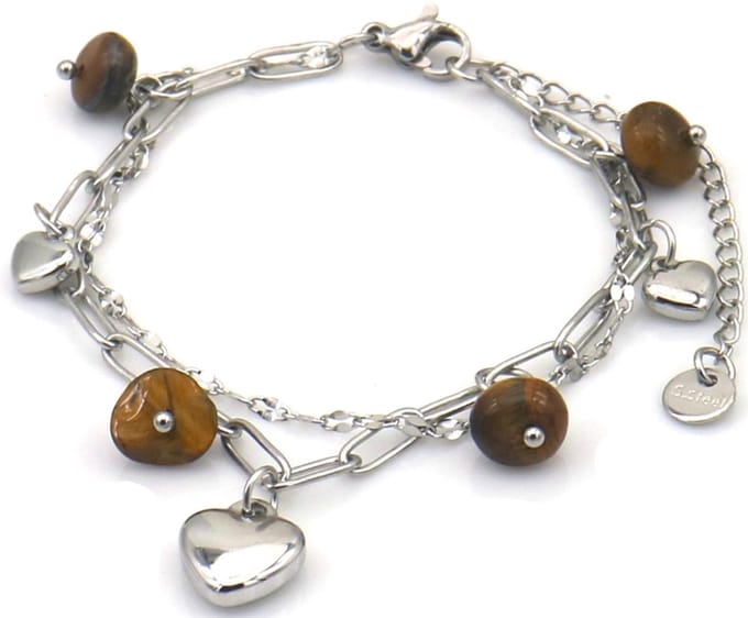 Armband - hartjes met stenen - RVS - 16-21 cm - bruin – valentijn – cadeau