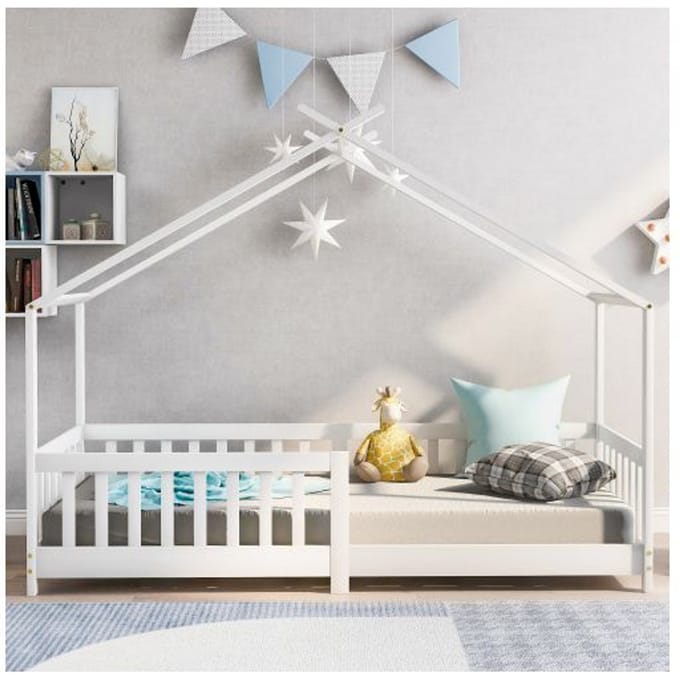 Kinderbed - MUVOE - 90x200 cm - Massief hout - Bedhek - Wit