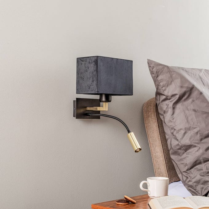 Euluna Wandlamp Harry, hoekig, zwart/messing/zwart