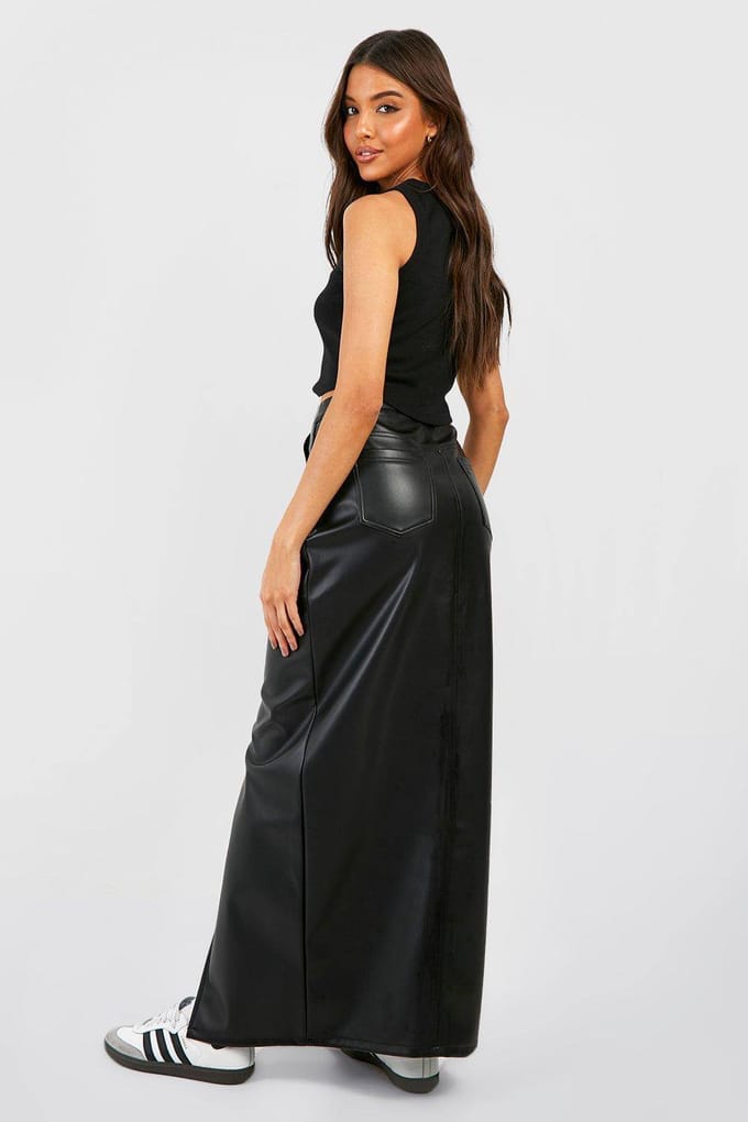 boohoo Dames Leather Look Hoge Taille Gespleten Maxi Rok | Black | Maat: 8