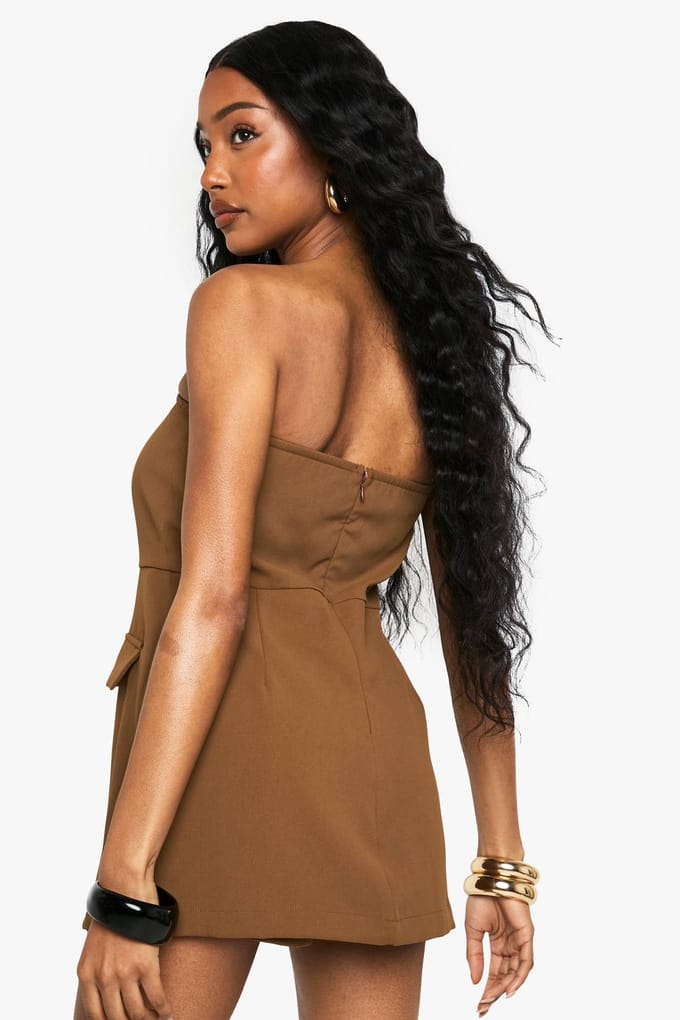 boohoo Dames Playsuit met bandeau en knoopdetail | Chocoladebruin | Maat: 42