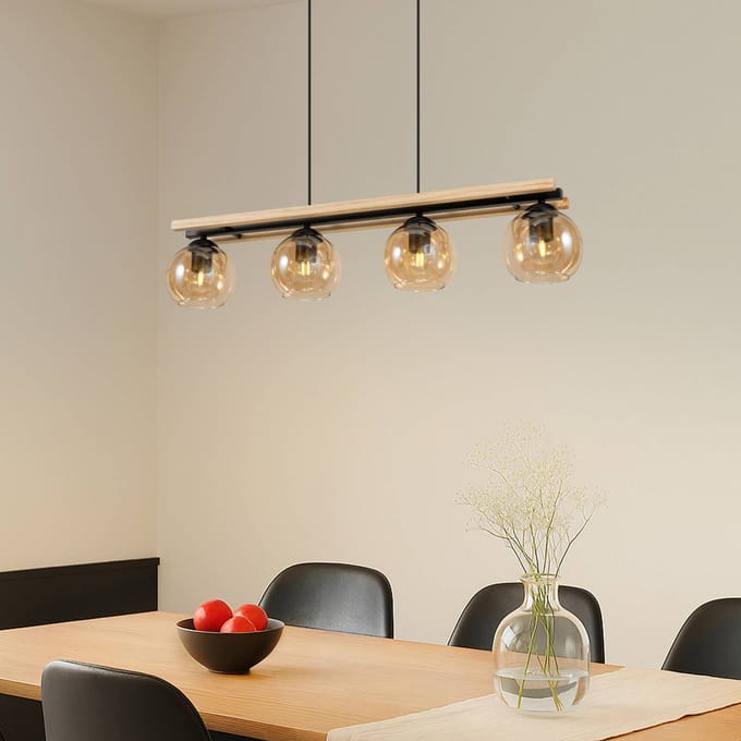 Lindby - hanglamp - 4lichts - Glas, metaal, hout - H: 13 cm - E27 - amber, zwart, licht eiken