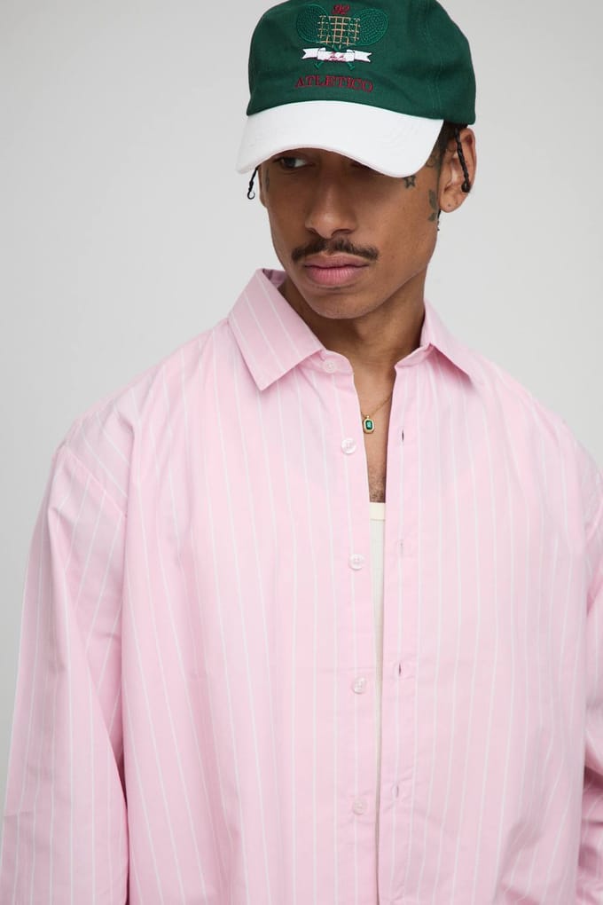 Oversized gestreept langmouw overhemd | Pink | Size Medium