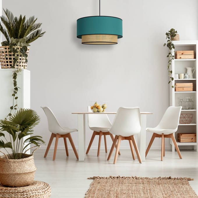 Duolla Boho-hanglamp, petrol/hout, Ø 45 cm, textiel/rotan