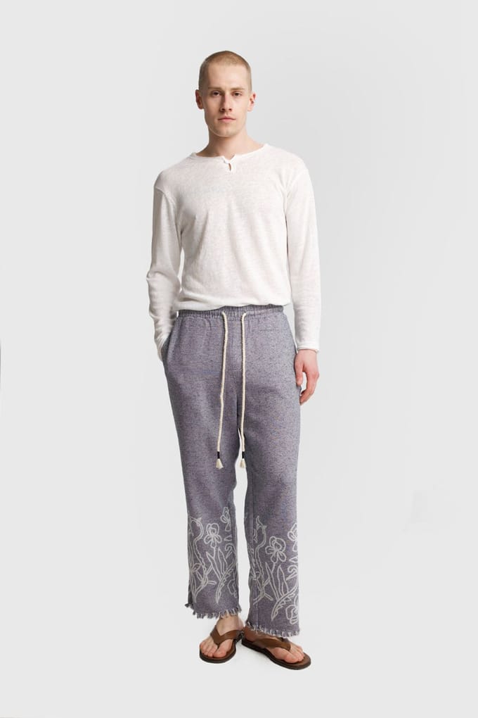 Heren Katoenen Geborduurde Brei Wijde Pantalons