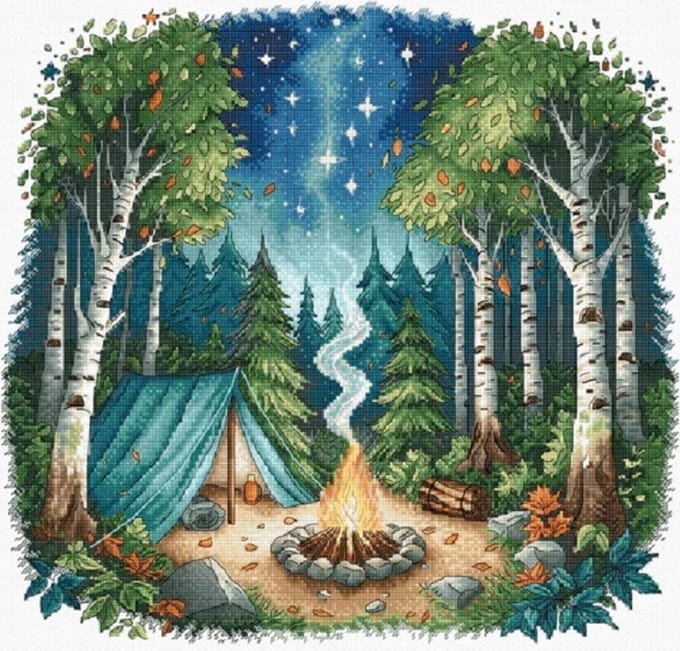 Borduurpakket AVA Stitch - Camp in the Forest - Kamp in het Bos - witte stof