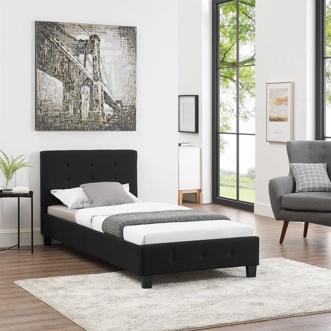 Gestoffeerd bed OHIO 90 x 200 cm, inclusief lattenbodem in zwart