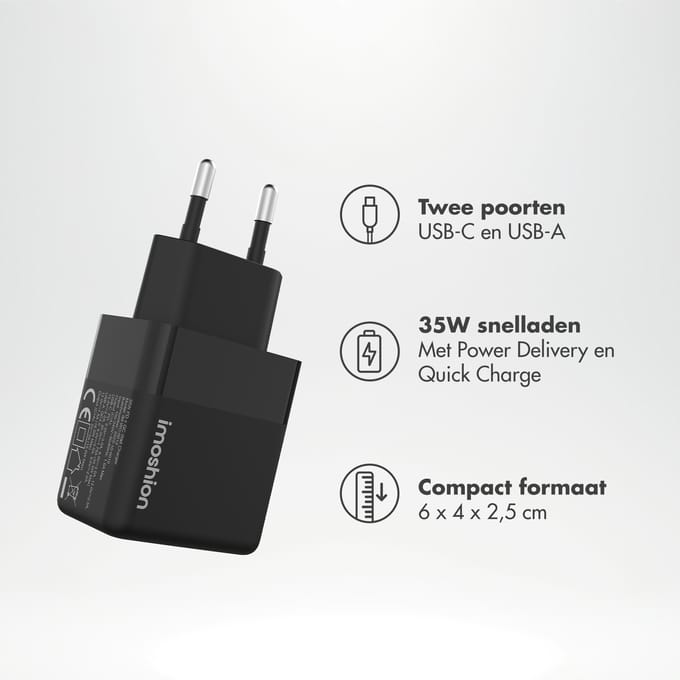 imoshion Wall Charger - Oplader - USB-C + USB-A - Power Delivery en Quick Charge - 35W - Zwart