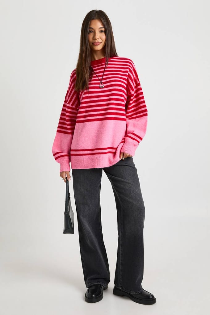 boohoo Dames Mixed Stripe Oversized Trui | Pink | Maat: Small