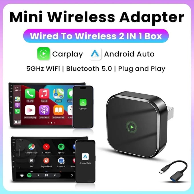 Adaptateur Sans Fil 2 en 1 CarPlay Filaire vers Sans Fil Android Auto Mini Boîtier IA Intelligent Type-C USB Plug and Play gray