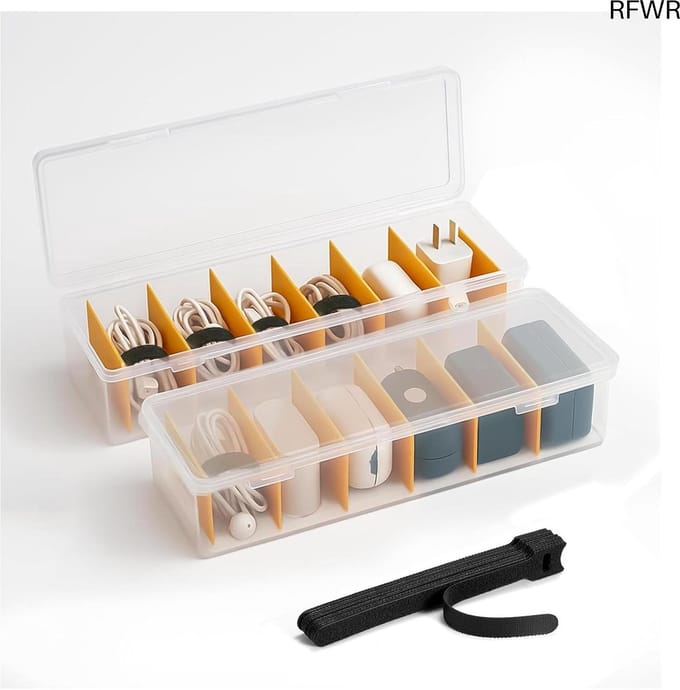 RFWR® Kabelorganizer box met 16 kabelbinders – Transparante kabelopbergdoos voor bureau en thuis