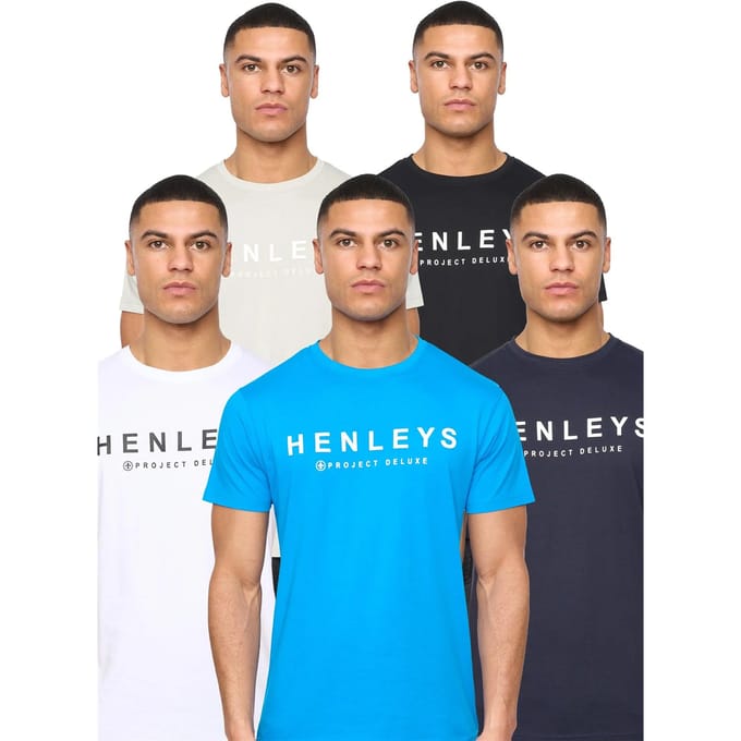 Henleys Heren Henyfront T-Shirt (5-pack) (Zwart/Blauw/Wit/Licht Beige/Donkerblauw)
