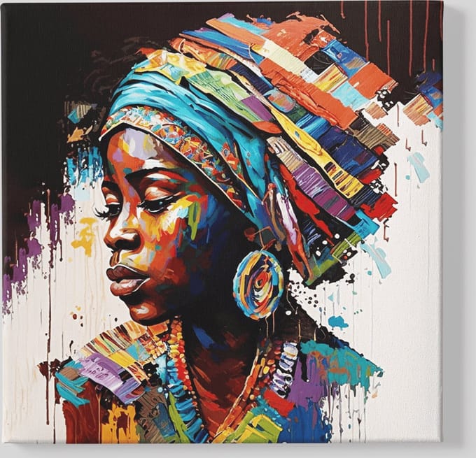 Canvas Schilderij - Afrikaanse Vrouw - Portret - Wall Art - 60x60x2 cm