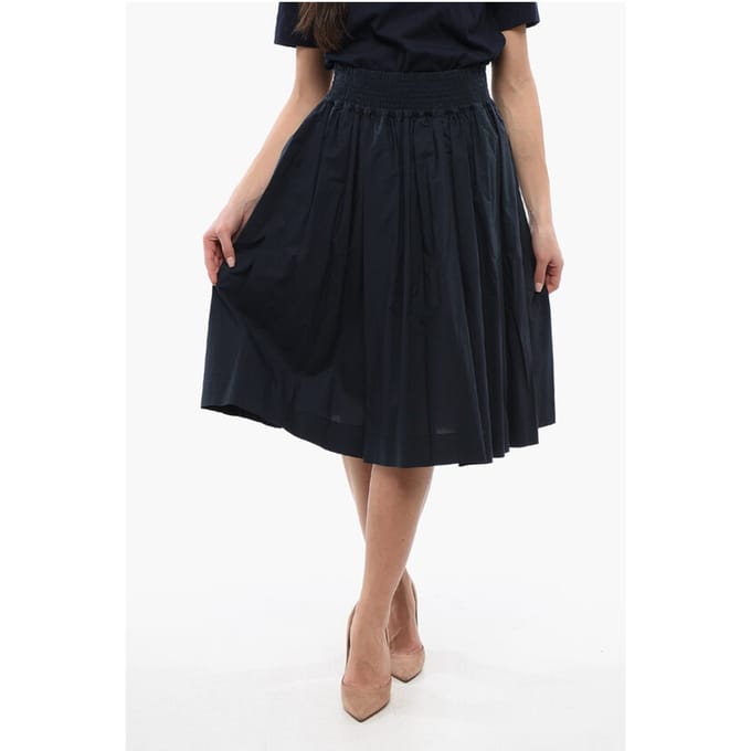 Popeline katoenen uitlopende midi-rok in blauw