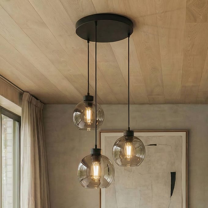 TK Lighting Cubus hanglamp, Ø 50 cm, 3-lamps, rookgrijs, glas