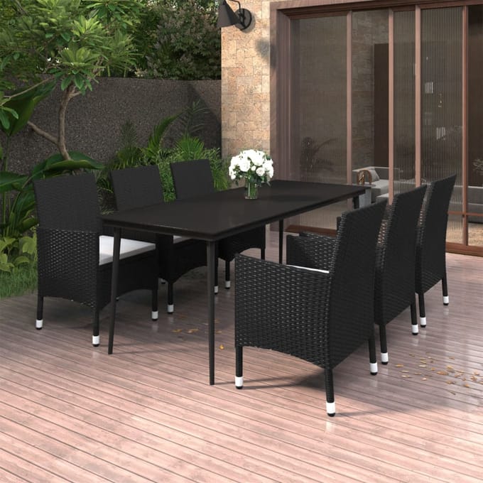 vidaXL - 7-delige - Tuinset - met - kussens - poly - rattan - en - glas
