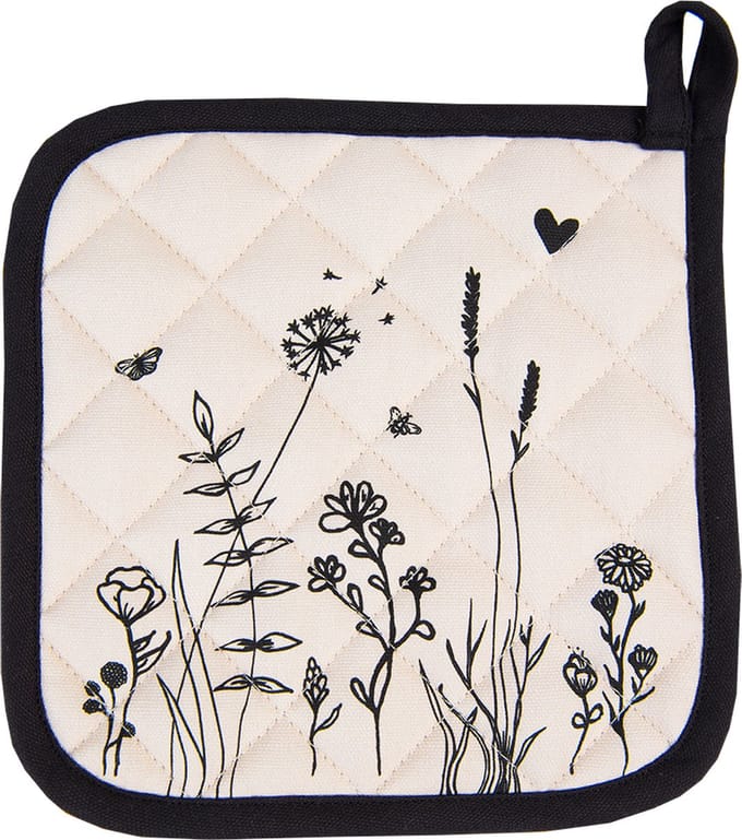 Clayre & Eef Pannenlap 20x20 cm Beige Zwart Katoen Bloemen