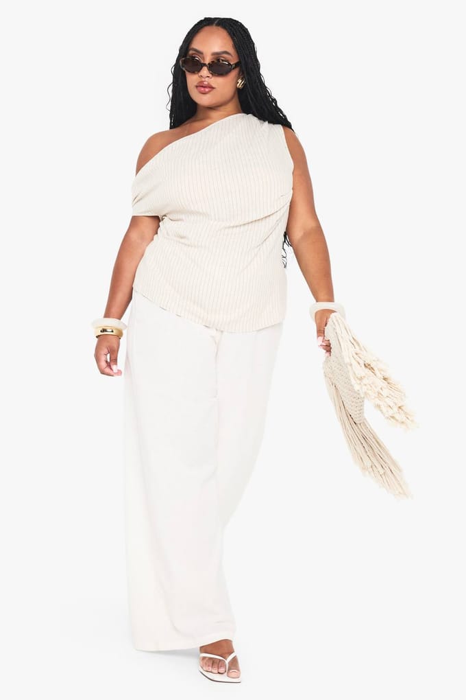 boohoo Dames Plus One Schouder Linnen Gestreepte Top | Steen | Maat: 56