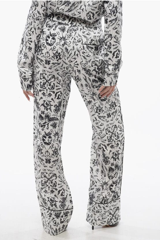 Bedrukte satijnen TATTOO PYJAMA Palazzo-broek in zwart en wit