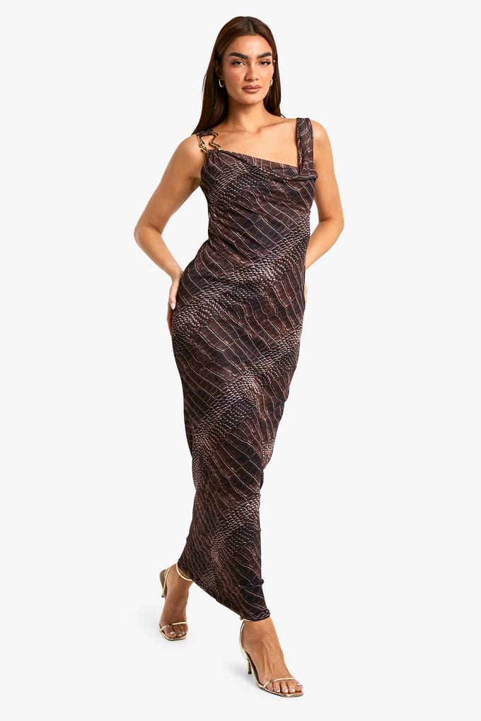 boohoo Dames Croc Print Cowl Mesh Slip Jurk | Brown | Maat: 8