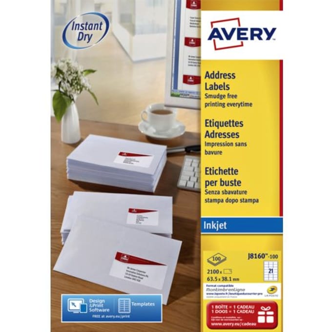 Etiket avery j8160-100 63.5x38.1mm wit 2100 Etiketten