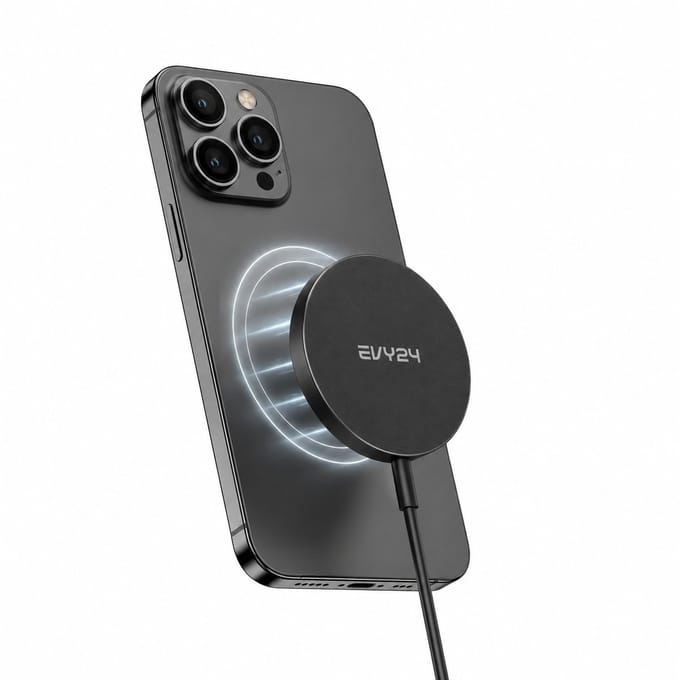 Evy24 Qi2 Draadloze Oplader 15W - MagSafe Compatible - Magnetische Snellader voor iPhone & Android - USB-C - Zwart