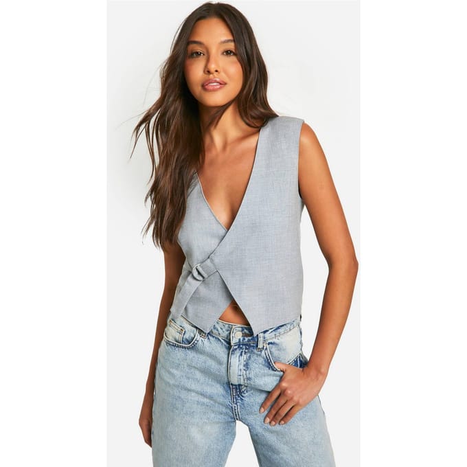 boohoo Dames Geweven Asymmetrische Taillevest met Zijband | Grey Marl | Maat: Small