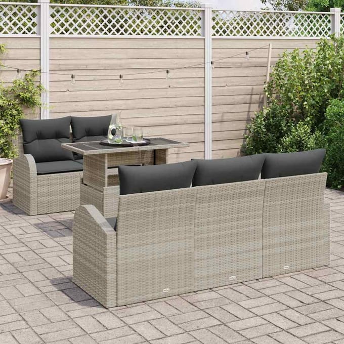 vidaXL Tuinbank Set met kussen met kussen 6 pcs Lichtgrijs Poly Riet