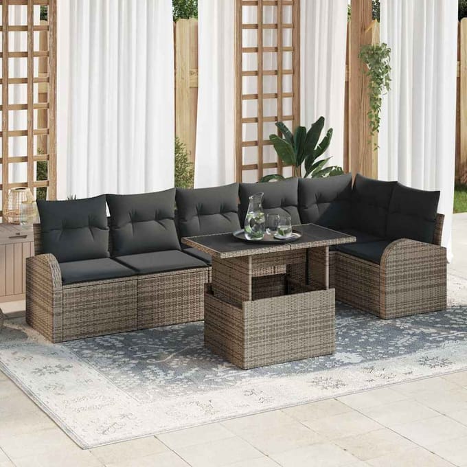 vidaXL Tuinbank Set met kussen 7 pcs Grijs poly rattan