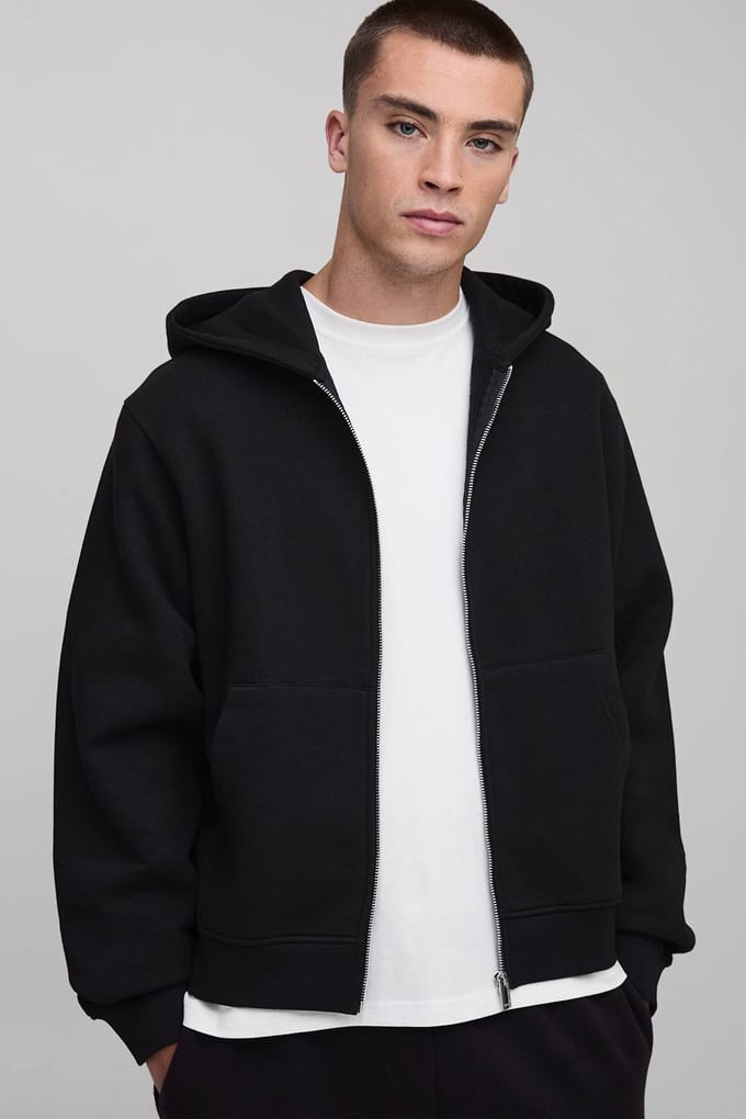 Essential Boxy Zip Through Hoodie | Black | Size Medium