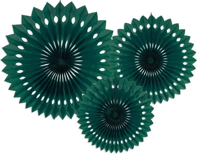 Papieren waaiers - rosettes - donkergroen - 20/25/30 centimeter