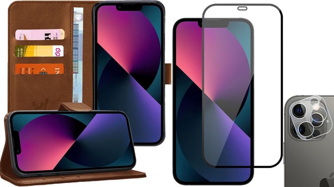 Hoesje geschikt voor iPhone 13 Pro - Book Case Kunstleer Wallet - Bruin - Met Full Screenprotector en Camera Screen Protector