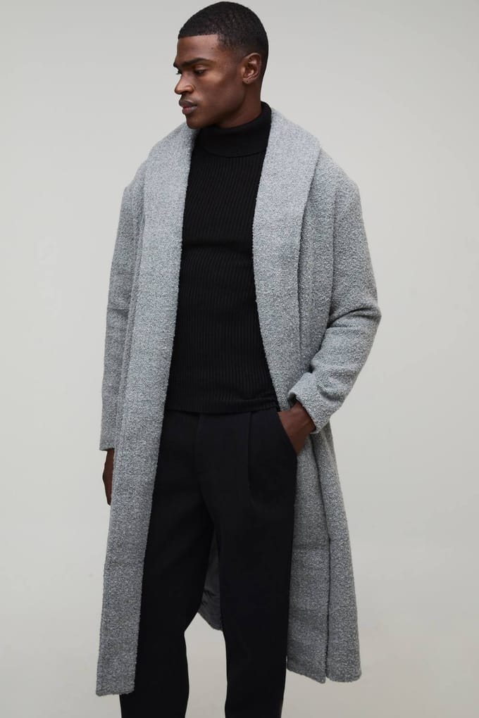 Oversized Single Breasted Shawl Collar Self Belted Longline Boucle Overcoat | Grey | Size Small