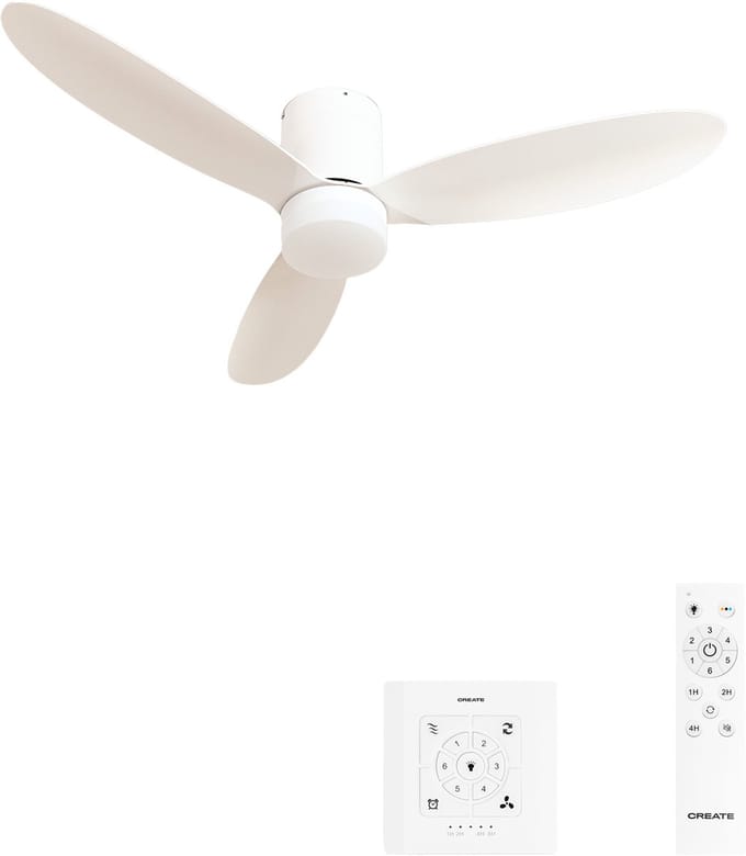 CREATE - 40W stille plafondventilator Ø132 cm - Wit - Met licht - Controller voor wandmontage + afstandsbediening - WIND LITE