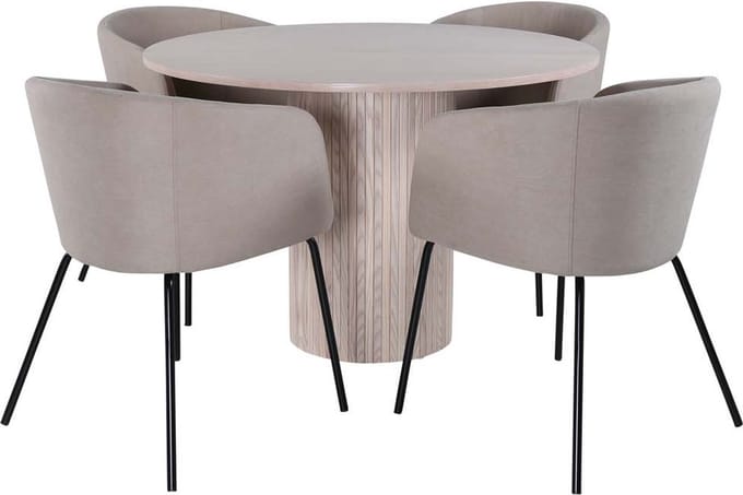 Bianca eethoek tafel whitewash en 4 berit stoelen beige.