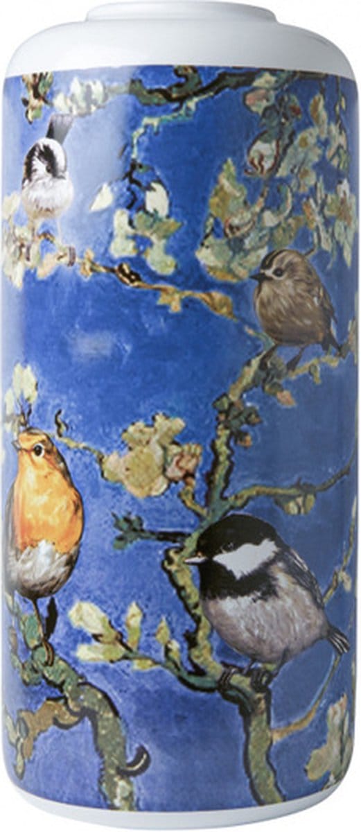 Heinen Delfts Blauw cilinder vaas Vogels van Gogh